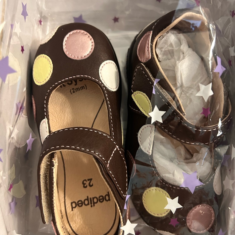 pediped Brown Mary Jane Shoes with Pink, Yellow & White Dots